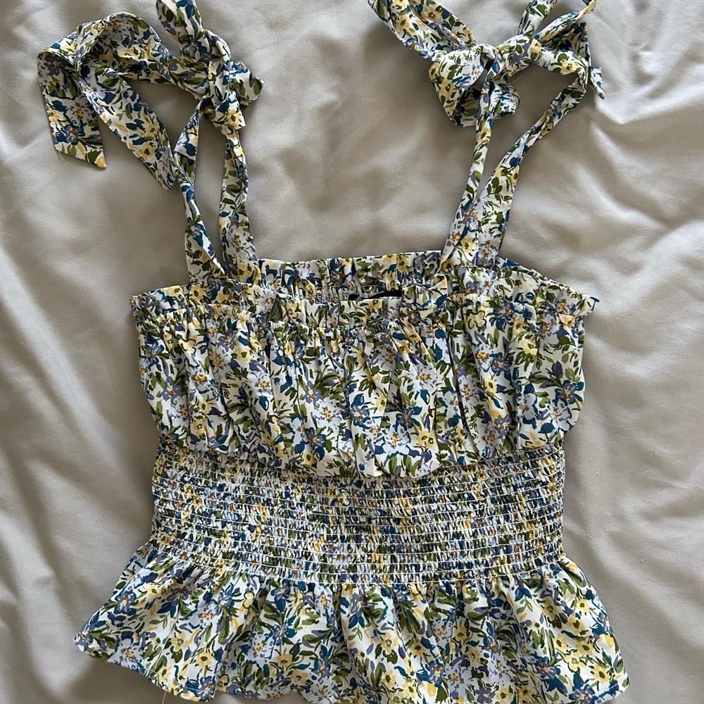 Forever 21 Blue and Yellow Smocked Ruffled Tank Top - Picture 2 of 6